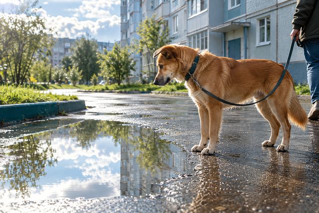 Дождь во время прогулки: как замечать отношение собаки к мокрой поверхности