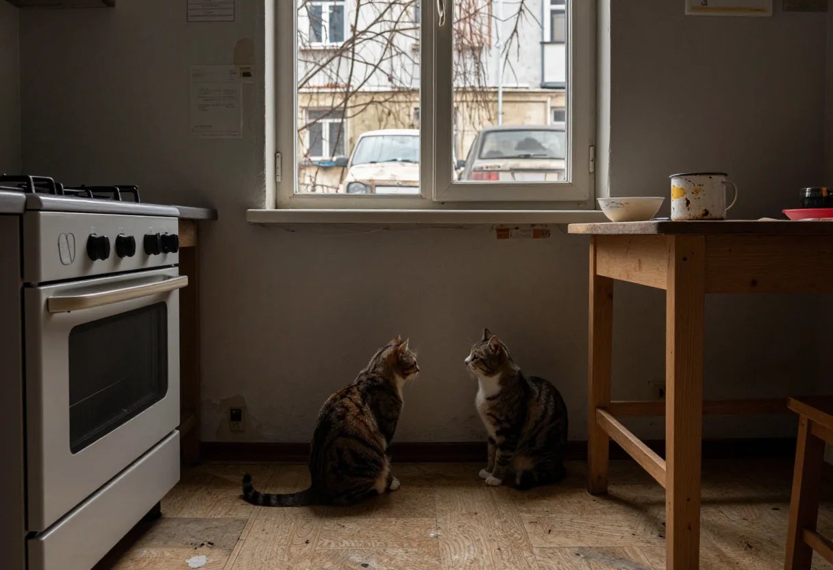 Две кошки сидят у окна на кухне