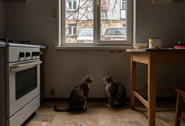 Две кошки сидят у окна на кухне
